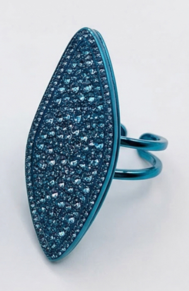 Anello Foglia Big Zirconi Bianchi Rodio Azzurro