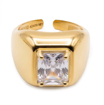 Anello Cabochon Pietra Rettangolare Bianca Smalto Oro