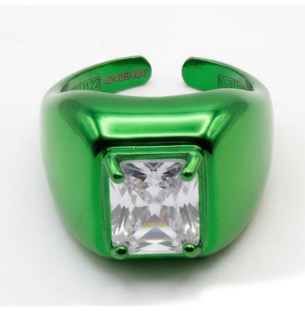 Anello Cabochon Pietra Rettangolare Bianca Smalto Verde