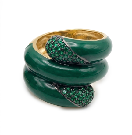 Anello Spirale Smalto Verde Zirconi Verdi Rodio Giallo