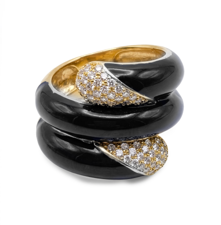 Anello Spirale Smalto Nero Zirconi Bianchi Rodio Giallo