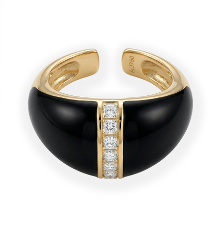 Anello Cabochon con Barretta Smalto Nero Zirconi Bianchi Rodio Giallo