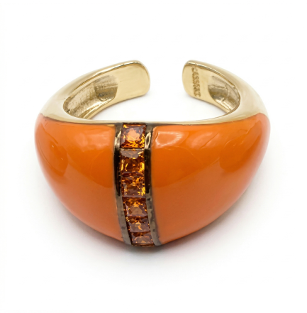Anello Cabochon con Barretta Smalto Arancione Zirconi Arancioni Rodio Giallo