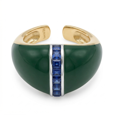 Anello Cabochon con Barretta Smalto Verde Zirconi Blu Rodio Giallo