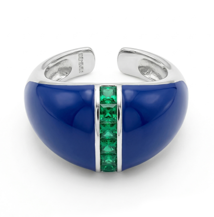 Anello Cabochon con Barretta Smalto Blu Zirconi Verdi Rodio Giallo